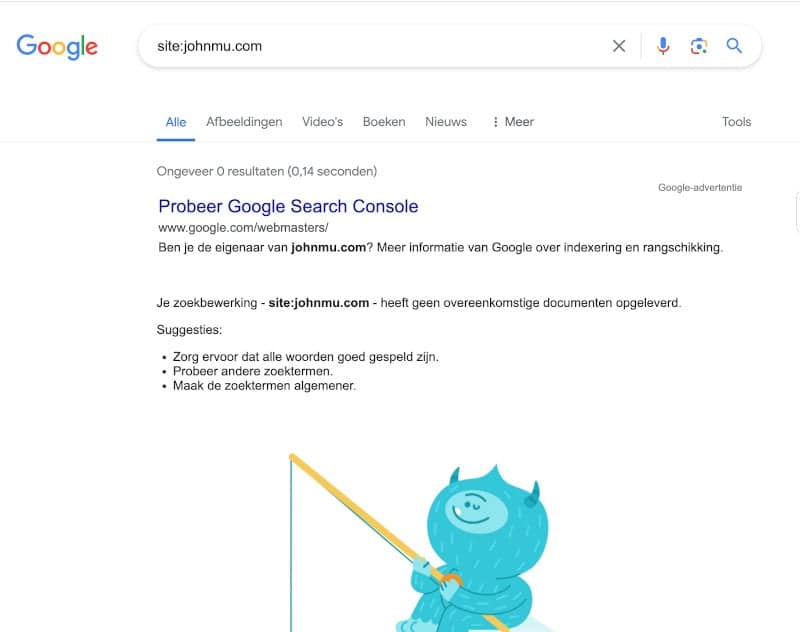 Zoekresultaat in Google voor search operator site:johnmu.com, waarbij je ziet dat er niks in de zoekresultaten staat en Google adviseert: "Probeer Google Search Console".